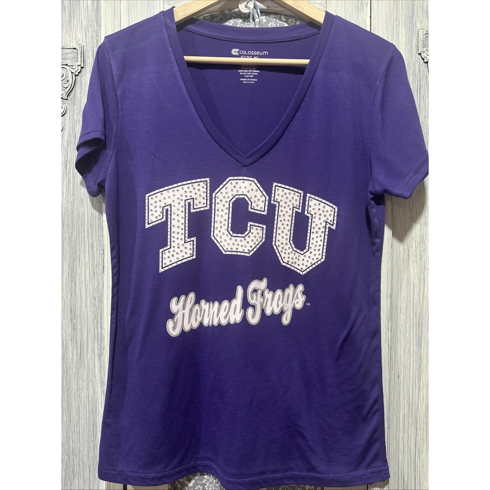 Colosseum Women's TCU Horned Frogs V-Neck Shirt- Purple XL With‎ Bling